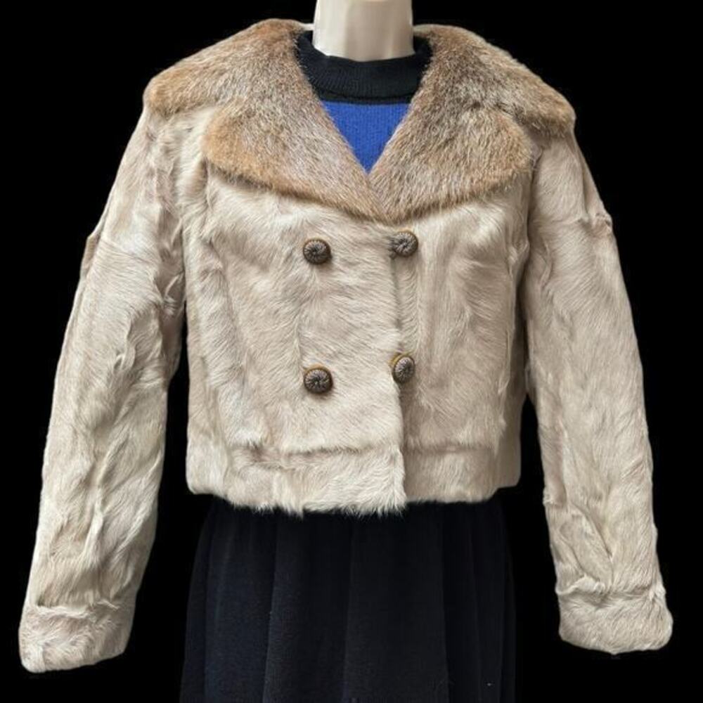 1960’s Double Breasted Real Fur Cropped Coat in Champagne Silk Cord Buttons XS